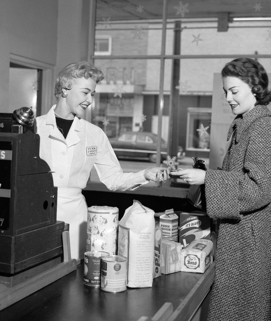 Detail of 1950s Woman Grocery Store Checkout Female Cashier by Corbis