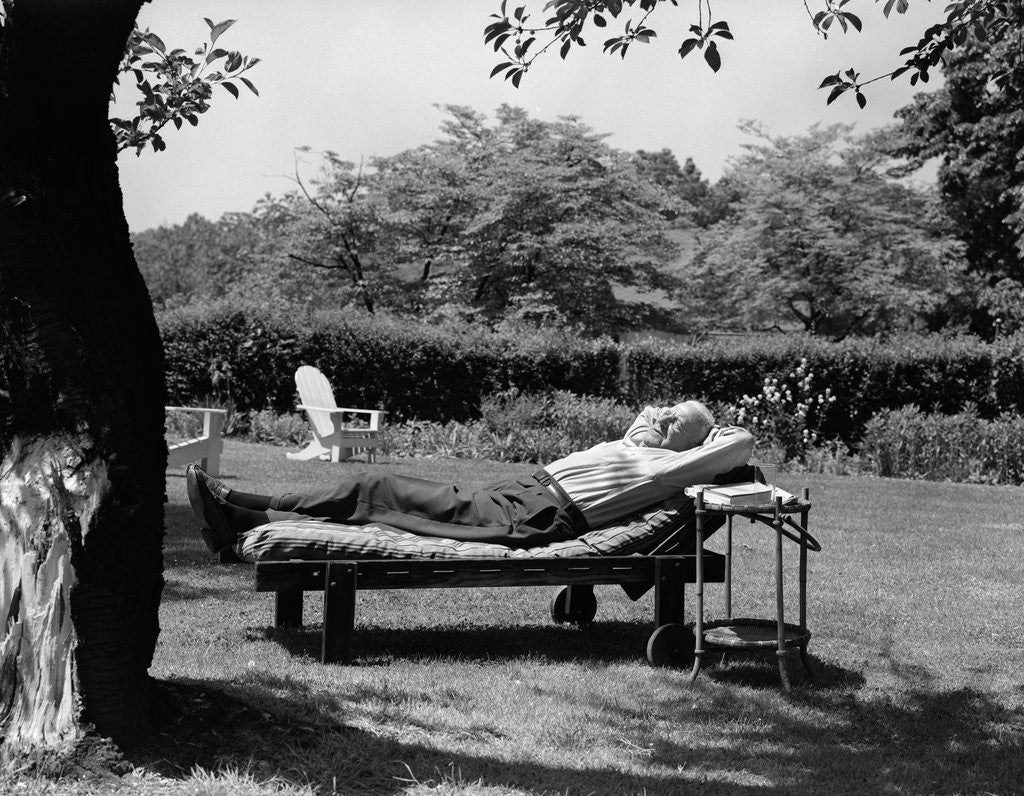 Detail of 1950s Elderly Man In Backyard Stretched Out On Lounge Chair Under Tree by Anonymous