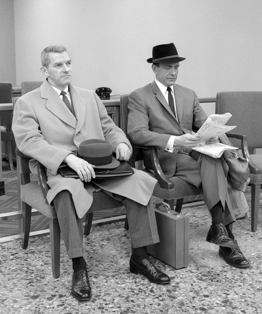 Detail of 1950s 1960s Two Men Businessman Salesman Sitting In Office Reception Waiting Area Indoor by Anonymous