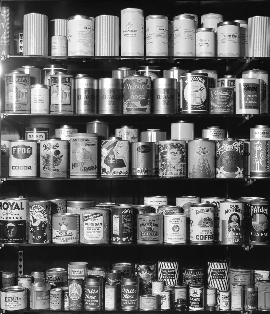 Detail of 1930s 1940s Tin Cans And Containers On Shelves by Corbis