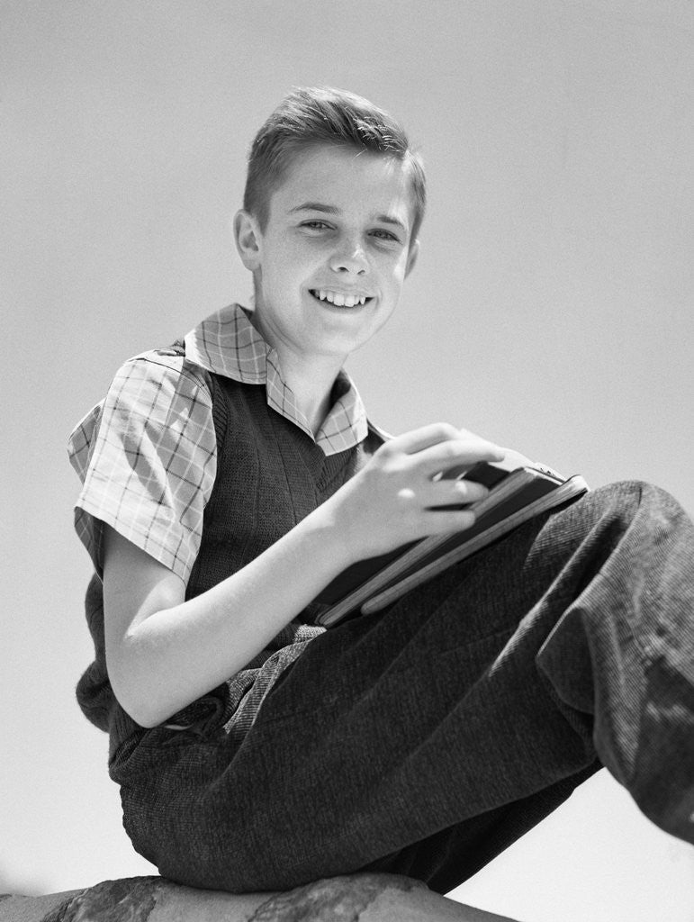 Detail of 1930s 1940s Teenage Boy Sitting Holding School Notebooks by Anonymous