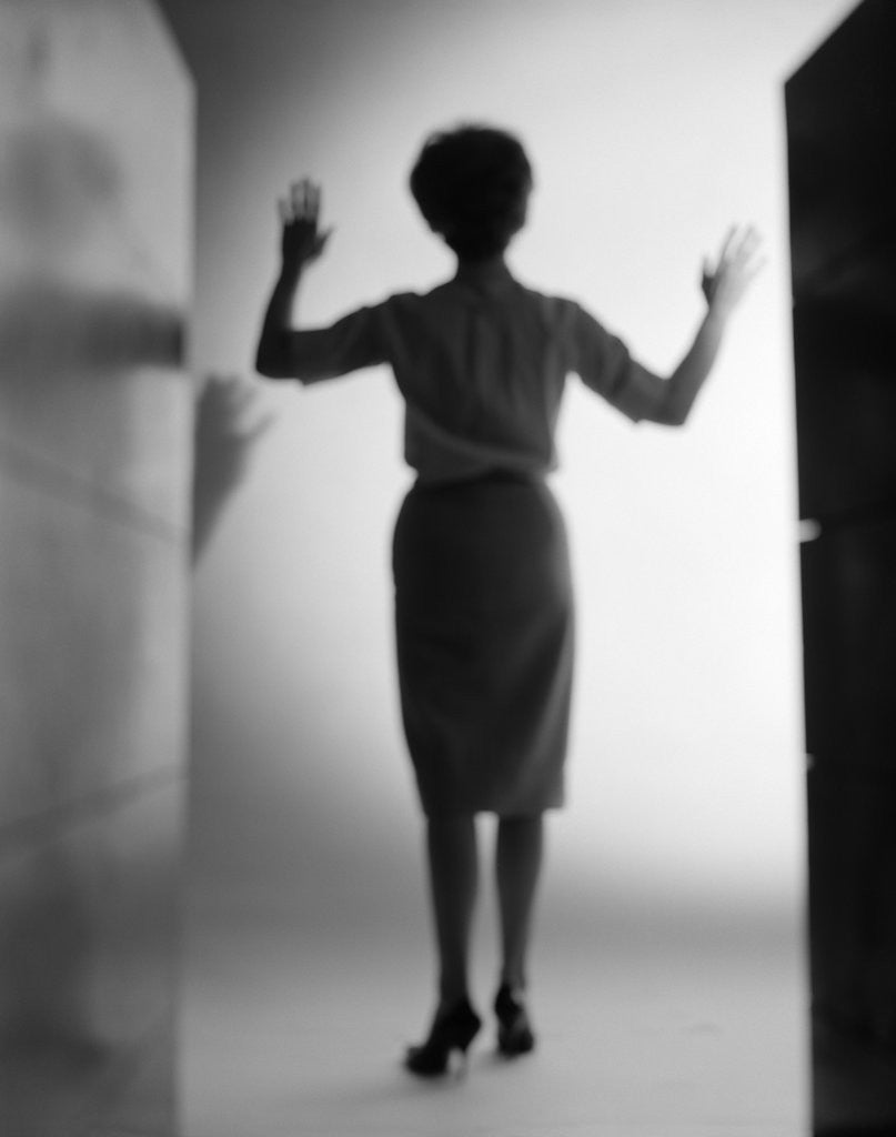 Detail of 1960s Silhouette Woman Arms Held Up Mysterious Shadow Light by Anonymous