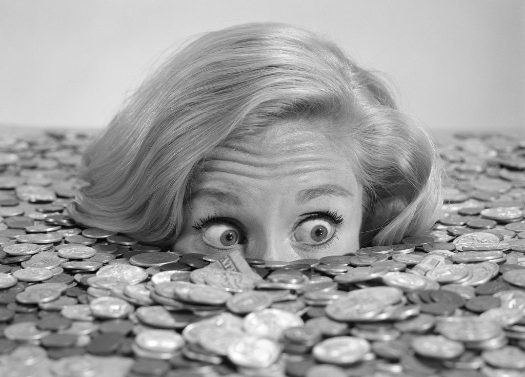Detail of 1960s Bug-Eyed Surprised Woman Buried In Coins Money Symbolic by Anonymous