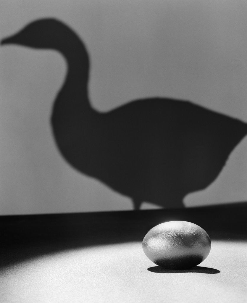 Detail of 1930s 1940s Still Life Of Golden Egg In Spotlight In Foreground With Silhouette Of Goose On Wall In Background by Corbis