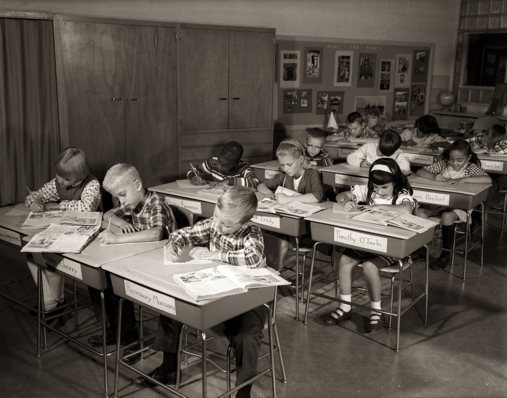Detail of 1960s Elementary Classroom Children At Desks Writing Studying by Anonymous