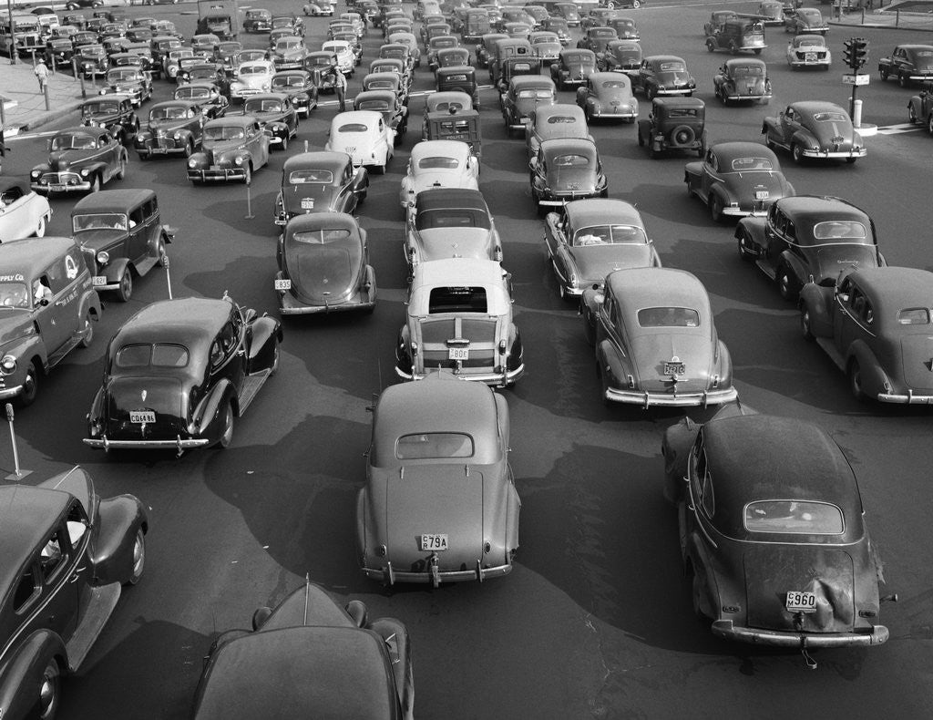 Detail of 1940s 1948 View Of Traffic Jam On Multi Lane Highway Bridge Approach Crawling In Both Directions by Corbis