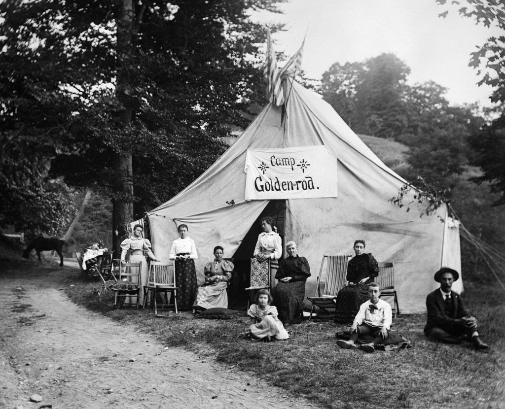 Detail of 1890s 1900 Group Seated In Front Of Large Tent With Sign Reading Camp Golden-Rod by Anonymous