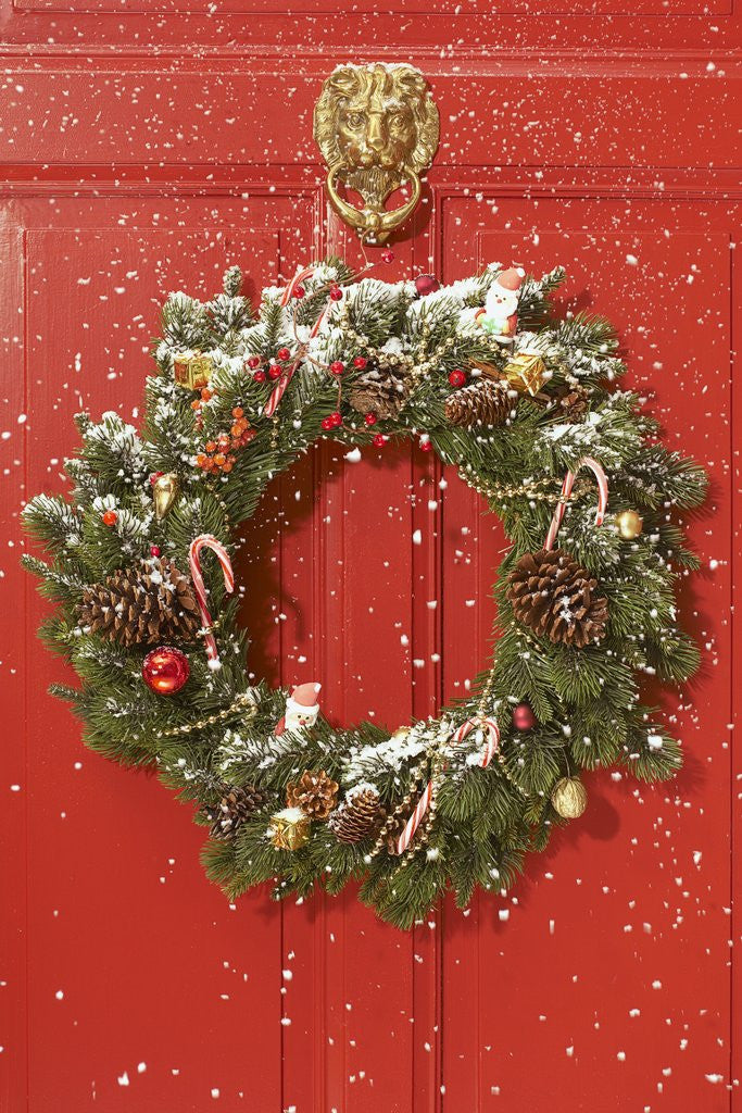 Detail of Christmas wreath hanging on a door by Anonymous