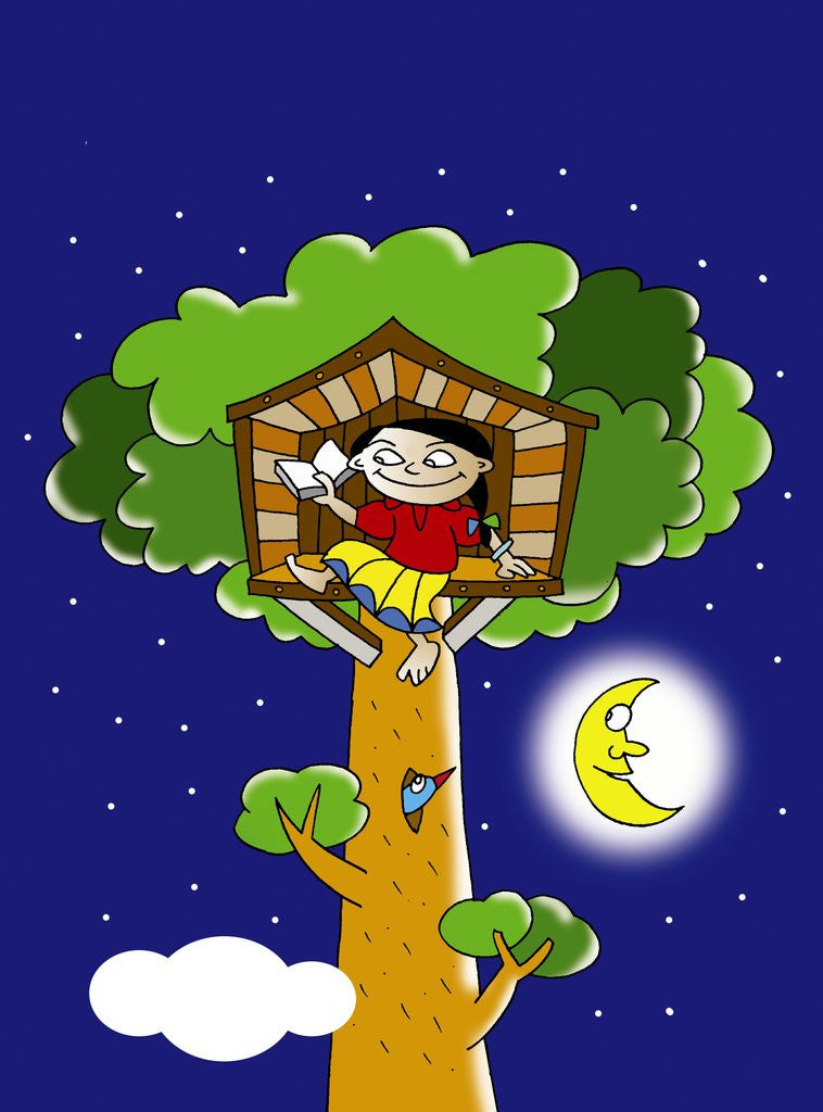 Detail of girl reading in a tree house at night by Corbis