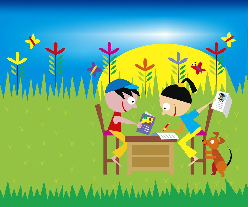 Detail of boy and girl writing cards on a desk in a field by Anonymous
