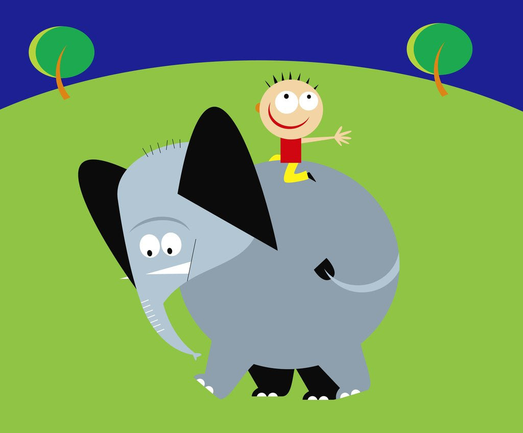 Detail of boy riding an elephant in a field by Anonymous