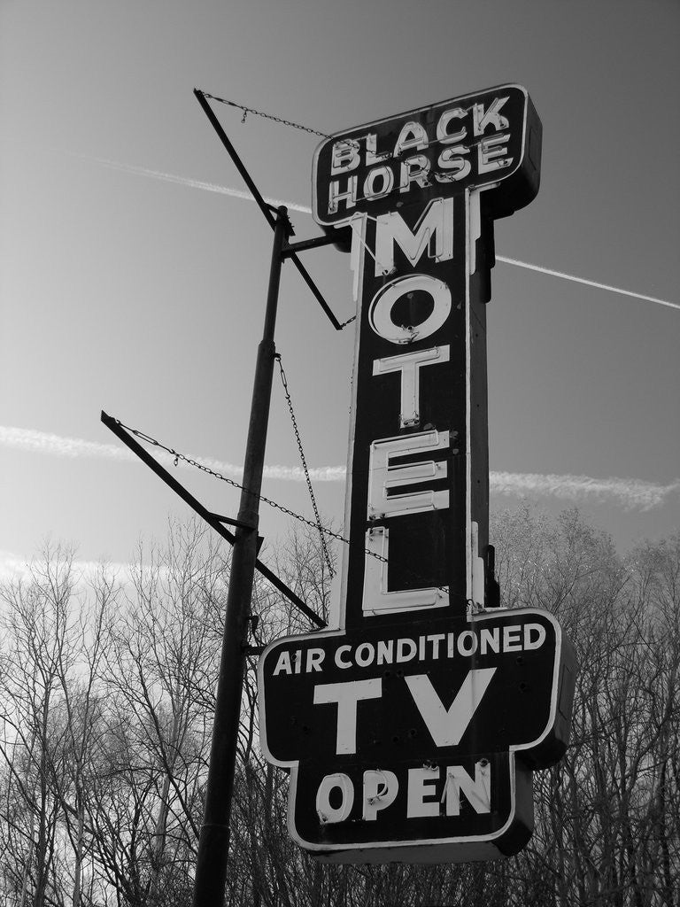 Detail of 1950s 1960s Old Motel Art Deco Style Neon Electric Sign In Black And White by Anonymous