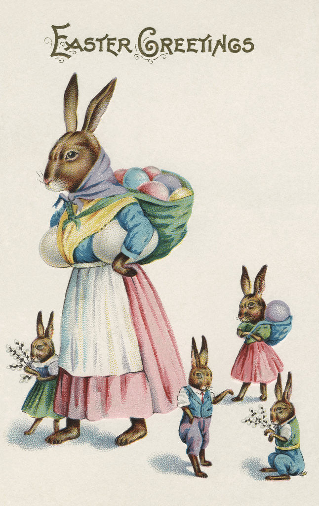 Detail of Easter Greetings Postcard with Rabbit Family by Anonymous