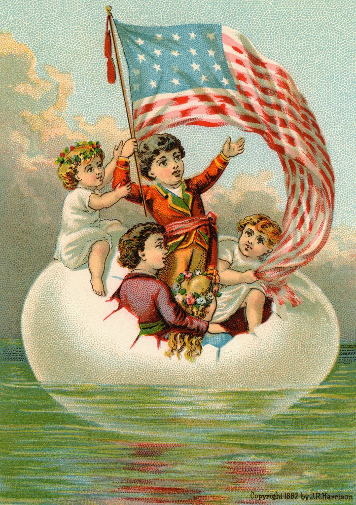 Detail of Postcard with Children in Egg Holding American Flag by Corbis