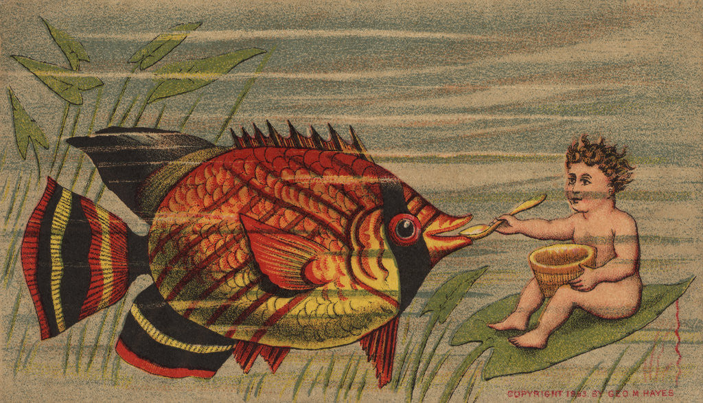 Detail of Magic Yeast Cakes Trade Card with Boy Feeding Fish by Anonymous