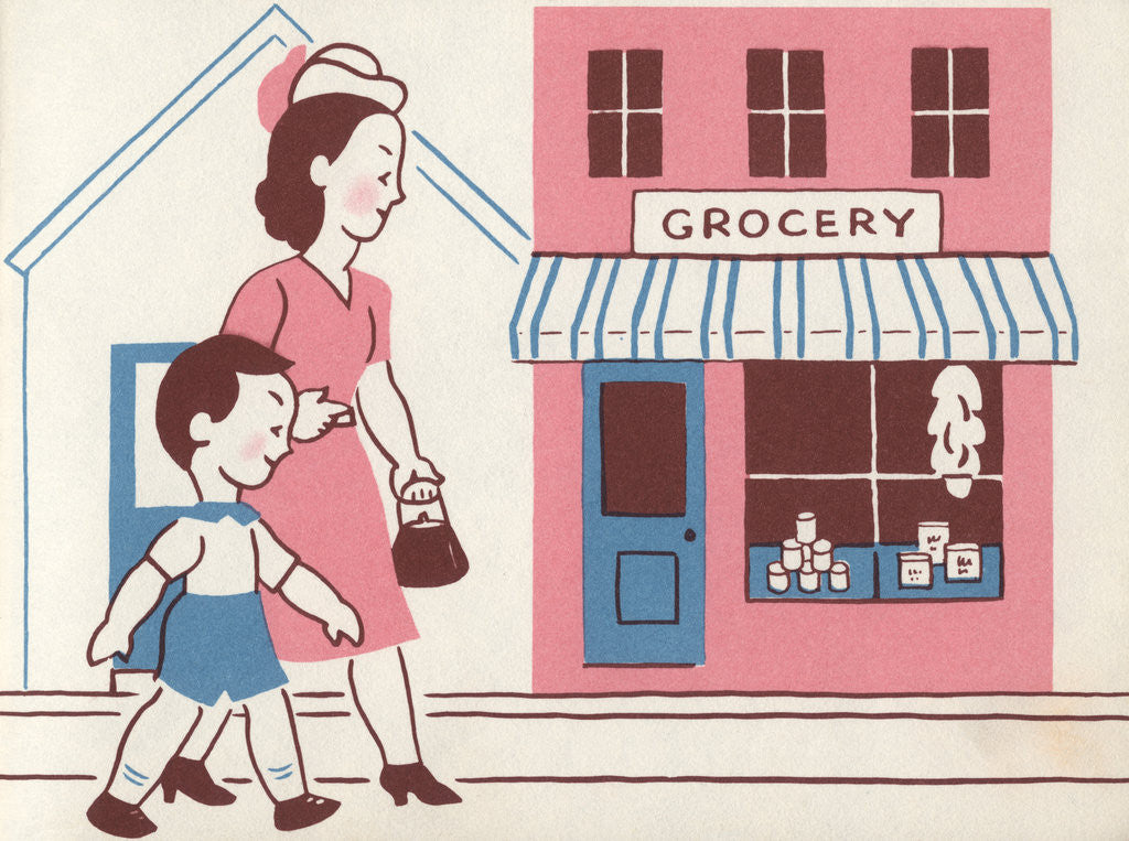 Detail of Illustration of Mother and Son Walking by Grocery Store by Lois Lenski