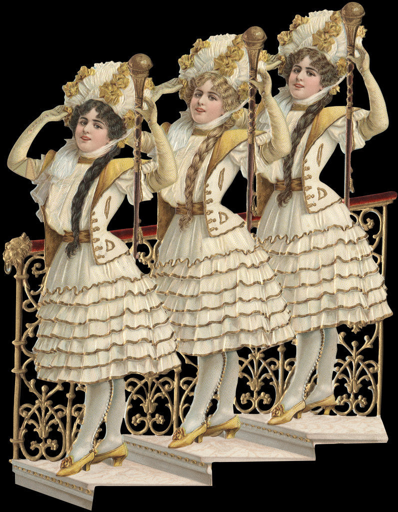 Detail of Die-Cut Scrap of Three Women Posing on Stairs by Anonymous