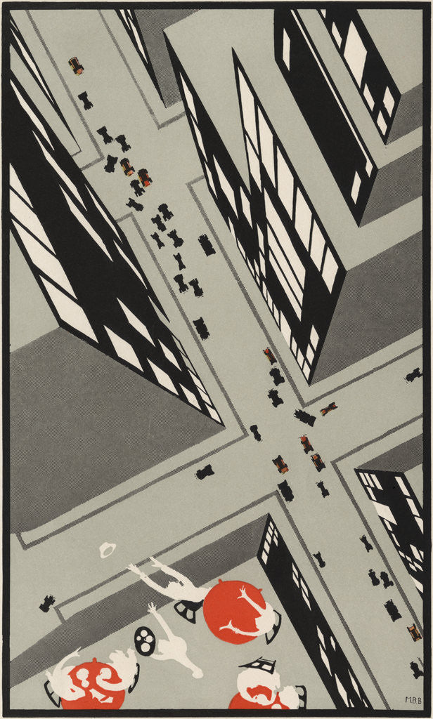 Detail of Illustration of Man on Rooftop Losing His Hat by Martha Bensley Bruere