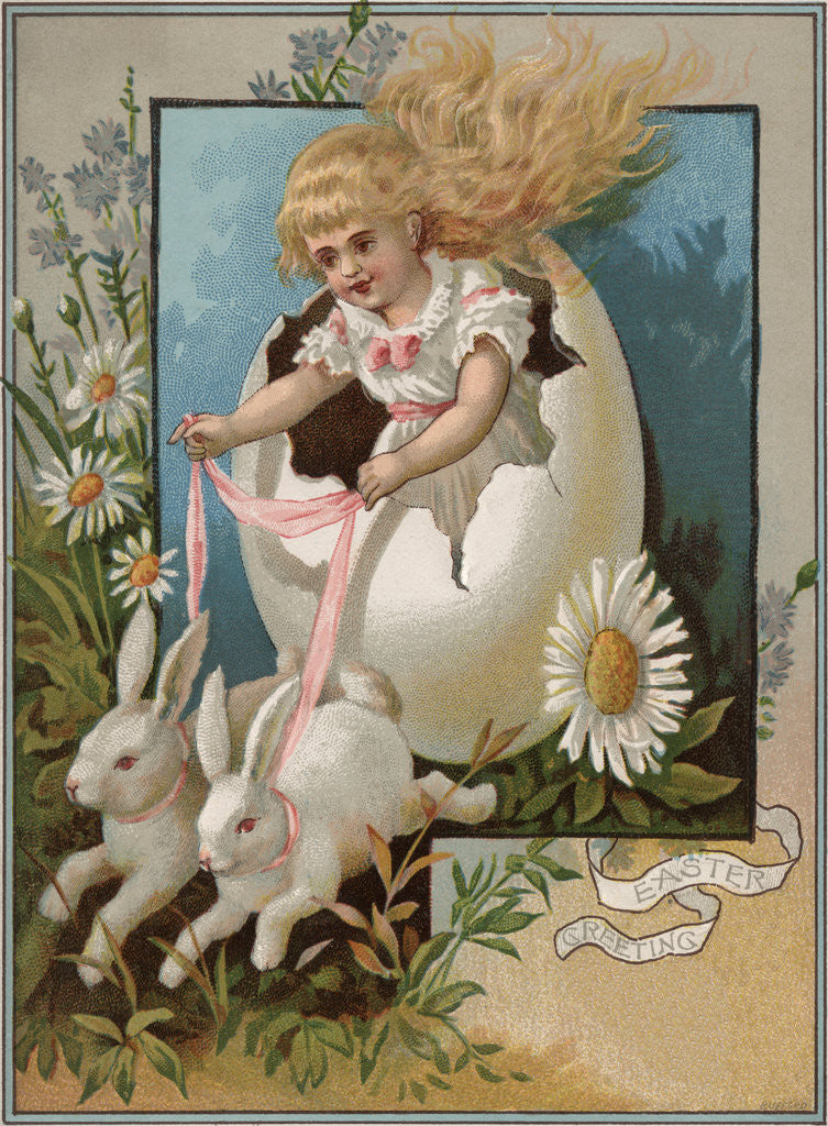 Detail of Easter Greeting Postcard with Rabbits Pulling Girl in Egg by Anonymous