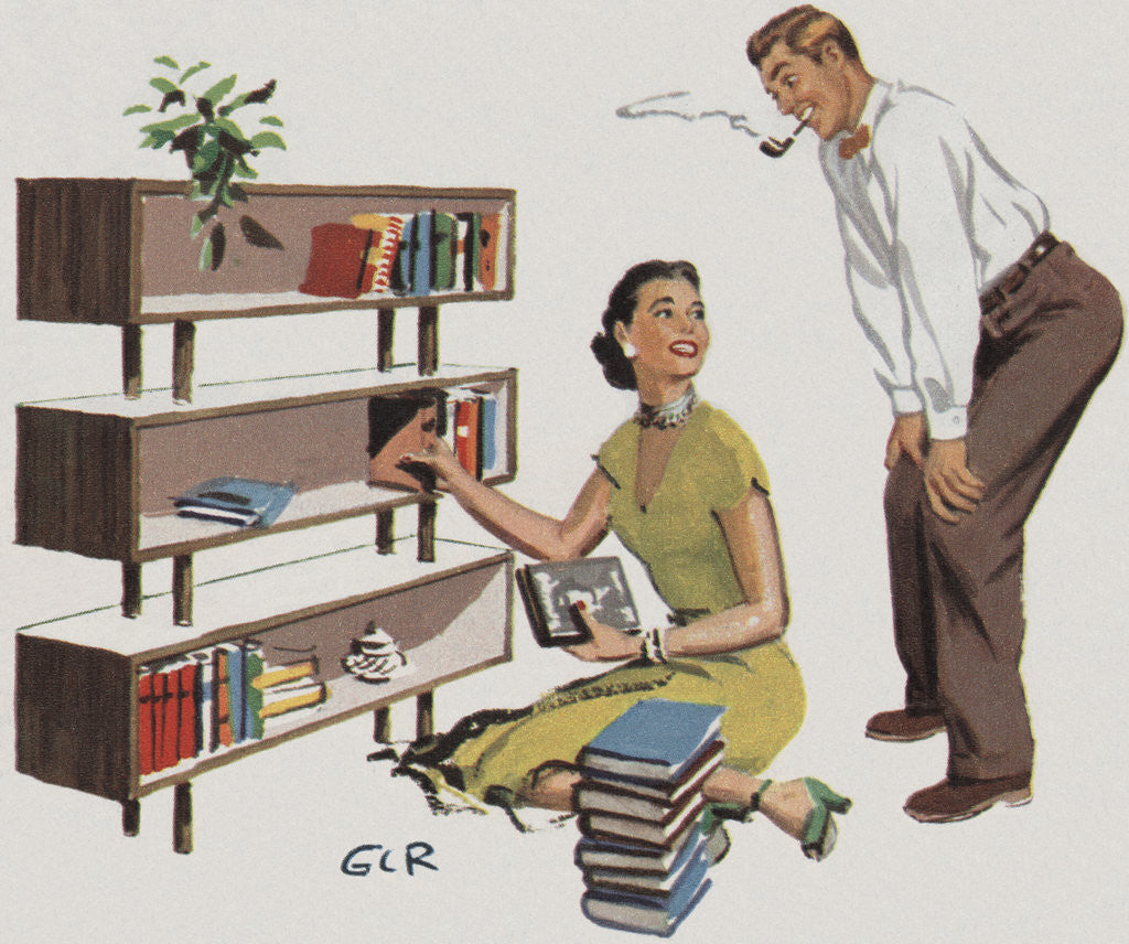 Detail of Magazine Illustration of Couple Putting Books on Shelves by Anonymous