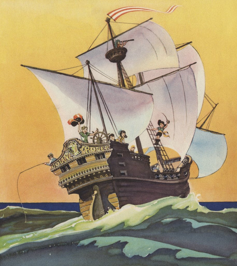 Detail of Illustration of Peter Pan and the Darling Children at Sea by Roy Best