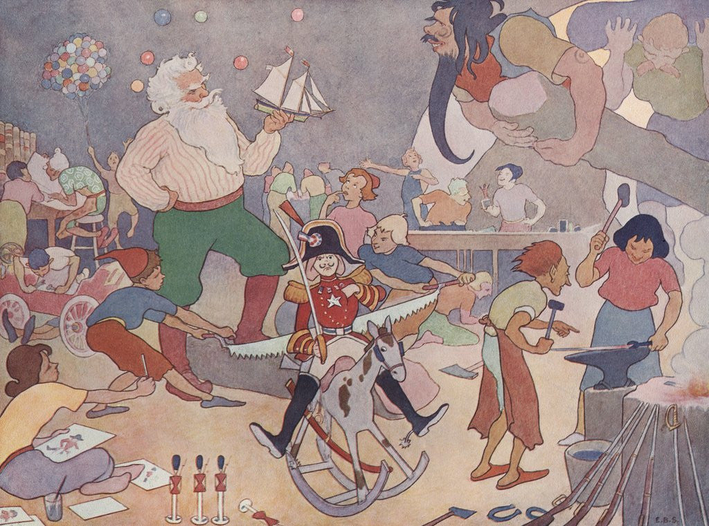 Detail of Illustration of Elves at Work in Santa's Workshop by E. Boyd Smith