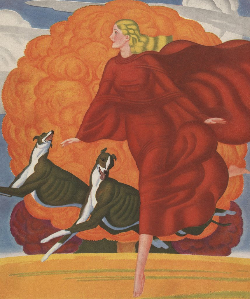 Detail of Magazine Illustration of Woman Running with Two Dogs by Corbis