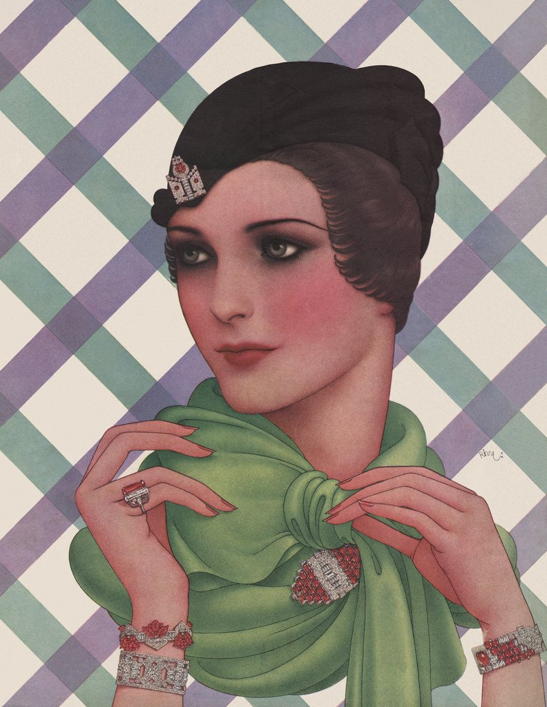 Detail of Magazine Illustration of Woman Wearing Green Scarf by Dynevor Rhys