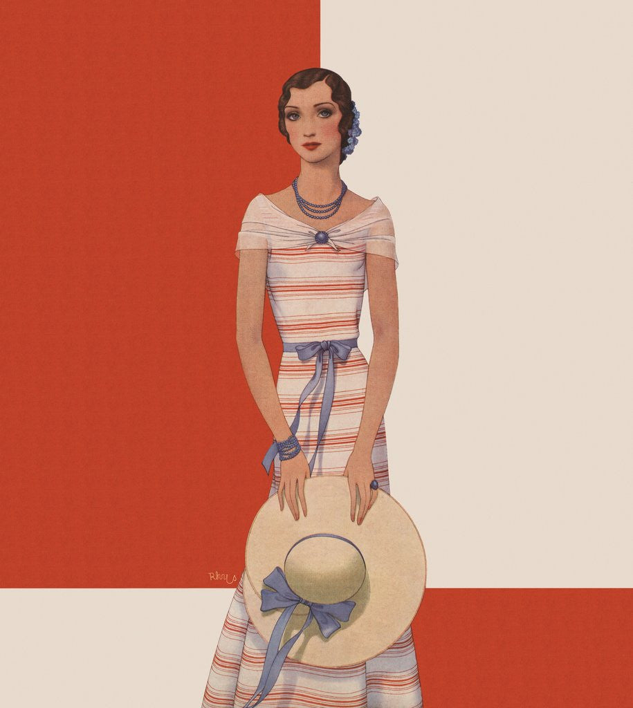 Detail of Magazine Illustration of Woman Wearing Striped Dress by Dynevor Rhys