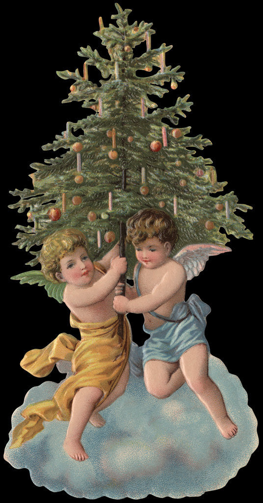 Detail of Die-Cut Scrap with Cherubs Holding Christmas Tree by Anonymous