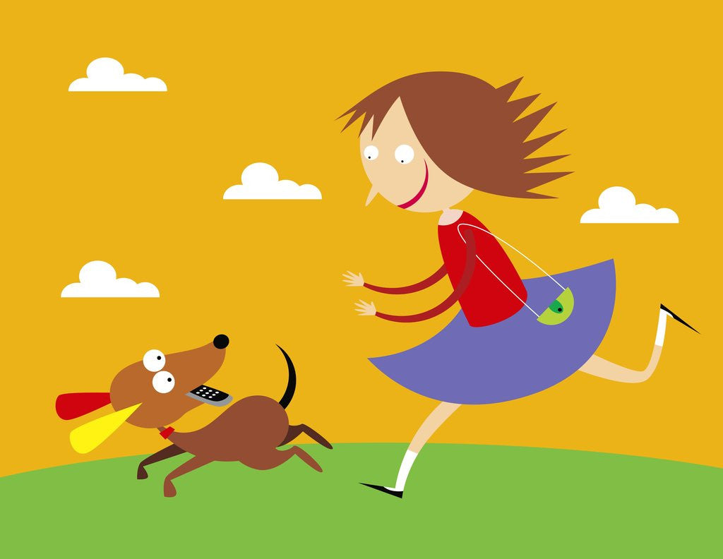 Detail of Dog running away with girl's cell phone by Corbis