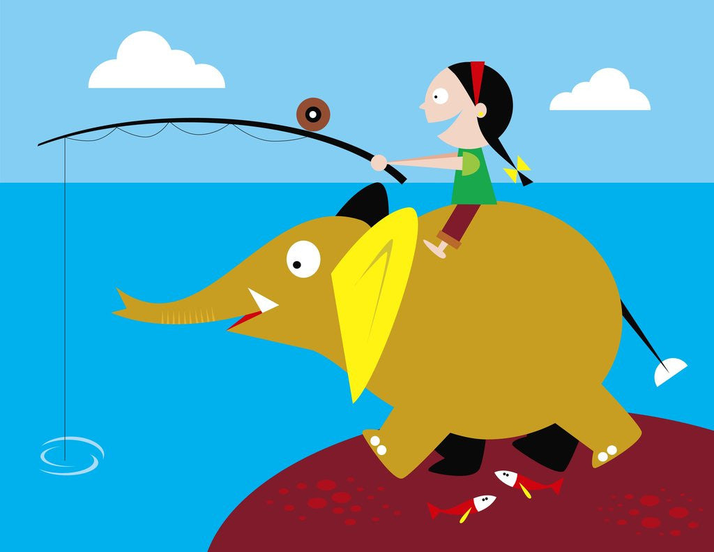 Detail of Girl fishing from friendly elephant's back by Anonymous