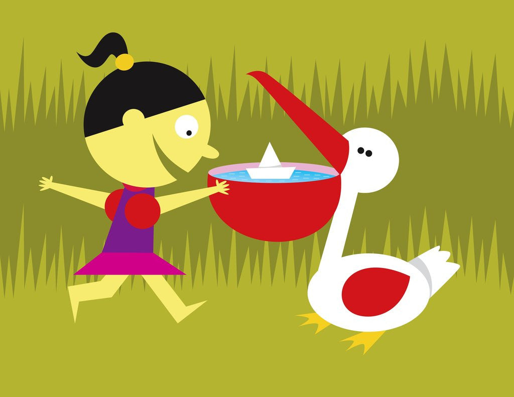 Detail of Girl playing with friendly pelican by Anonymous