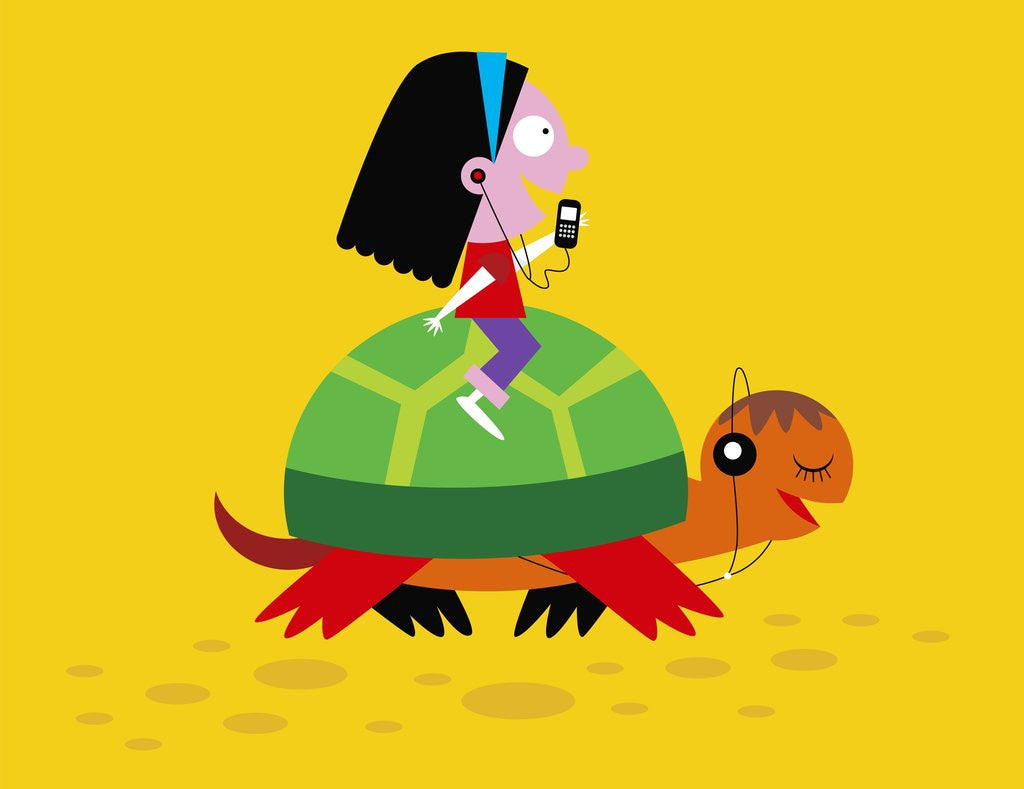 Detail of Girl riding on a turtle and listening to music by Corbis