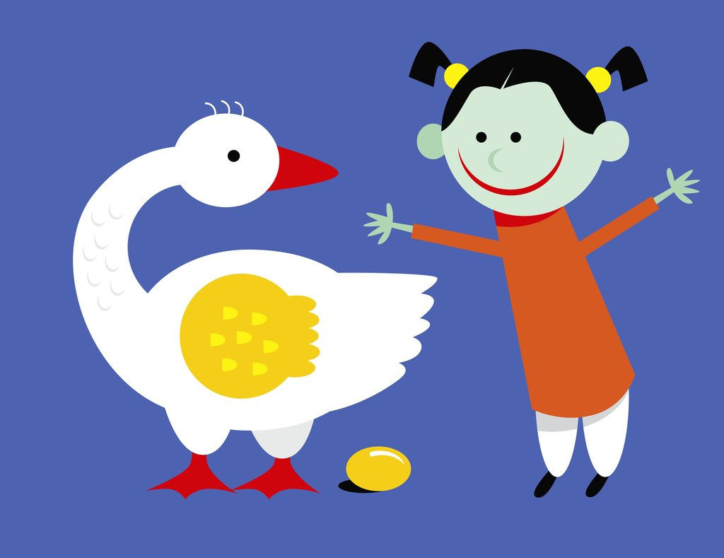 Detail of Goose Laying a Golden Egg for Happy Girl by Corbis