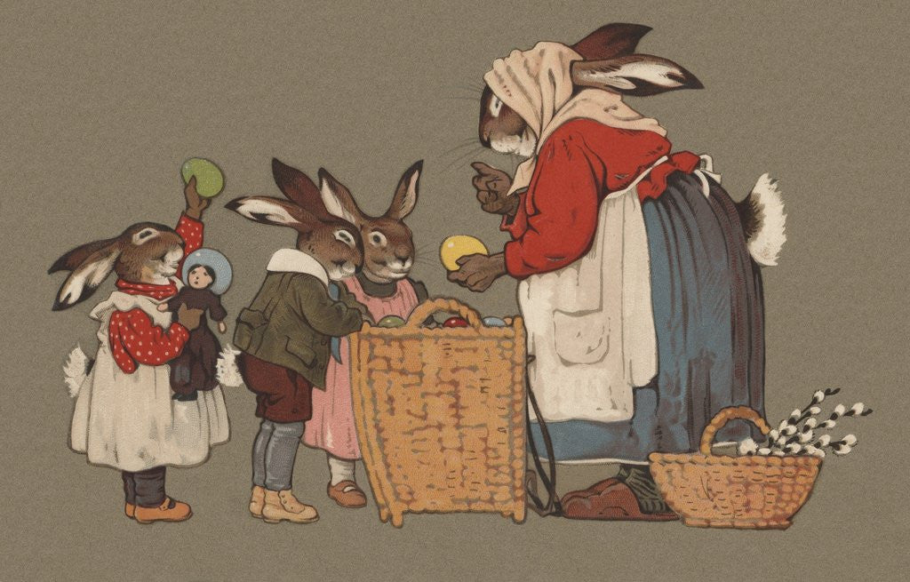 Detail of Postcard of Mother Rabbit with Easter Eggs by Anonymous