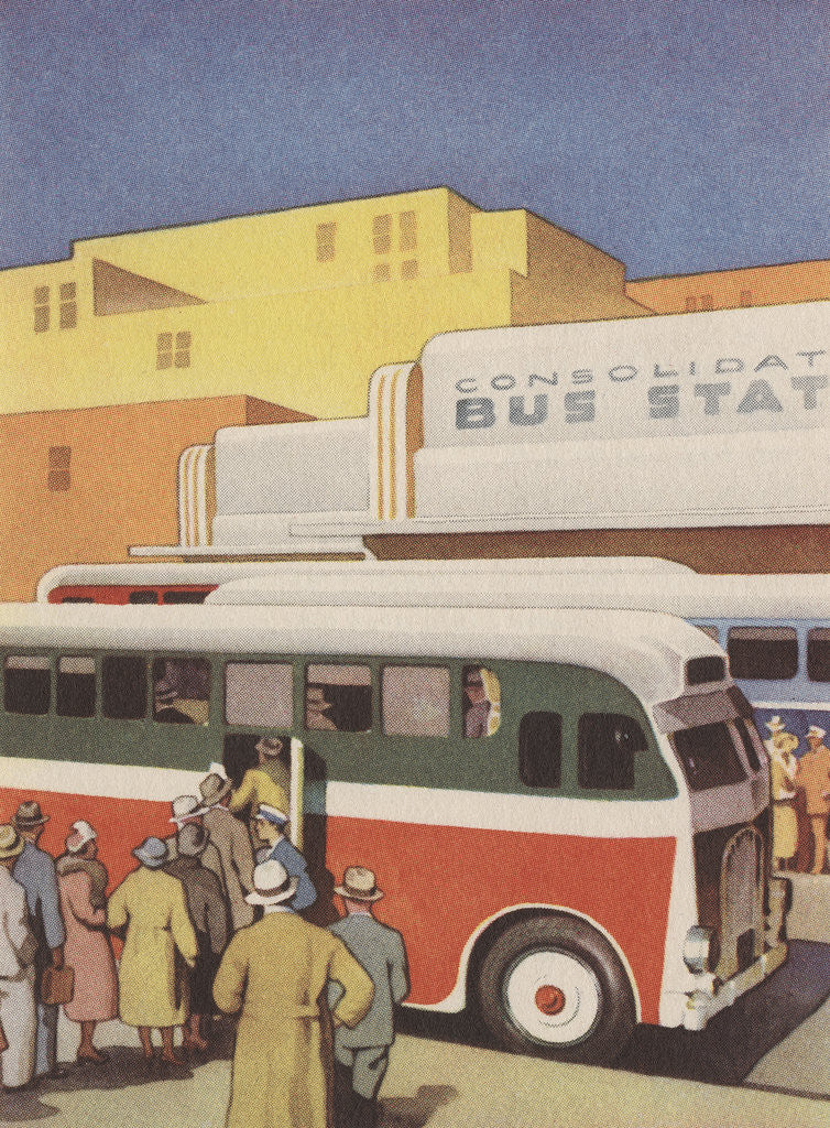 Detail of Illustration of Passengers Boarding Bus at Bus Station by Anonymous