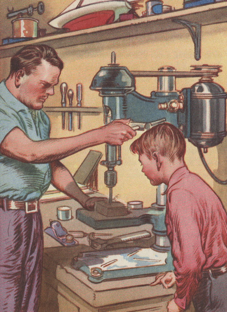 Detail of Illustration of Boy Watching Father Use Drill Press by Anonymous