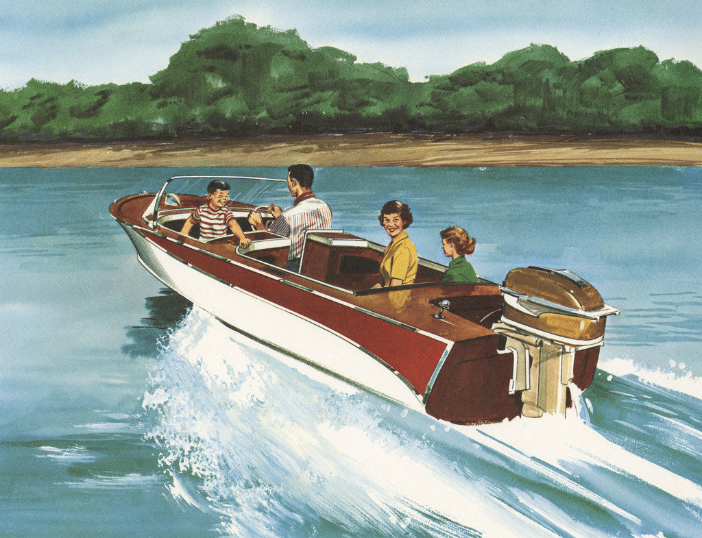 Illustration of Family in Speed Boat by Corbis