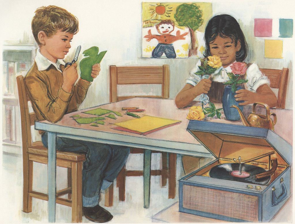 Detail of Illustration of School Children Working on Projects by Corbis