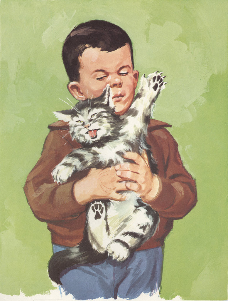 Detail of Illustration of Boy Holding Unhappy Cat by Anonymous