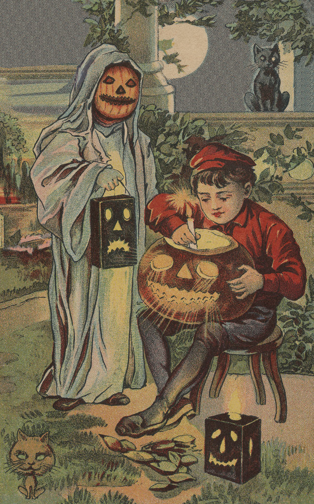 Detail of Postcard with Children Lighting Jack O'Lantern by Anonymous