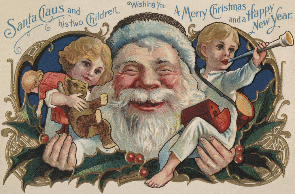 Detail of Santa Claus and His Two Children Wishing You a Merry Christmas and a Happy New Year Postcard by Anonymous