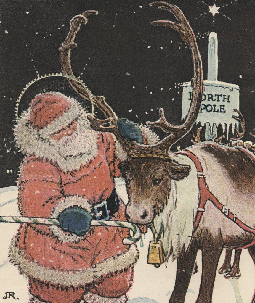 Detail of Illustration of Santa Feeding Reindeer Candy Cane by John Rae