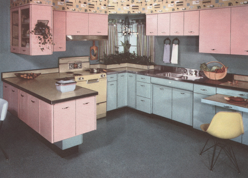 Detail of Illustration of Pink and Blue Kitchen by Anonymous
