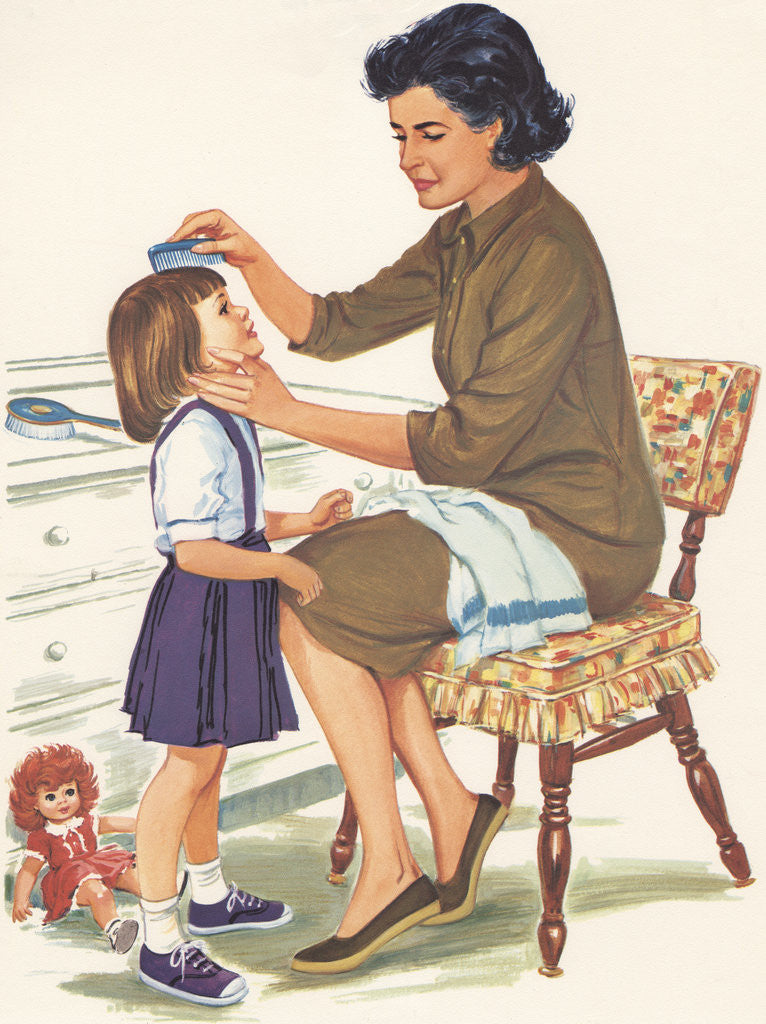 Detail of Illustration of Mother Combing Daughter's Hair by Corbis