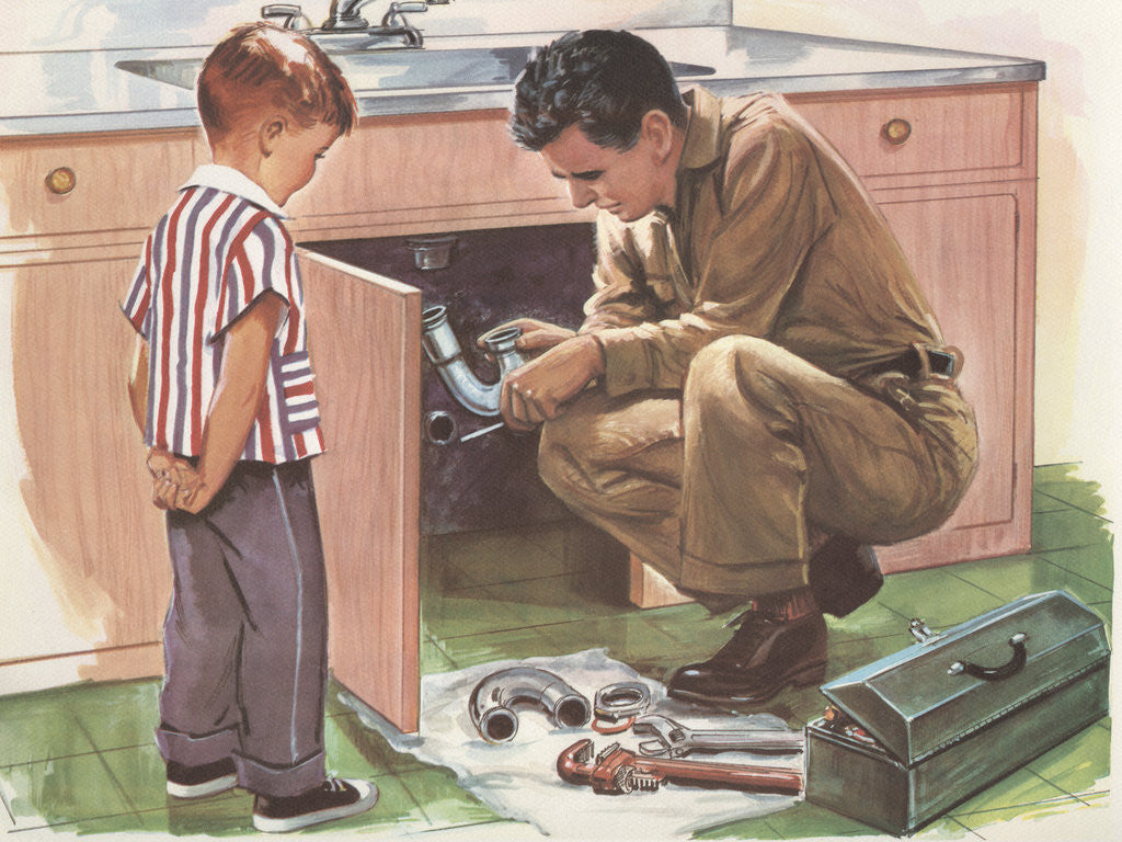 Detail of Illustration of Boy Watching Man Fix Plumbing by Anonymous