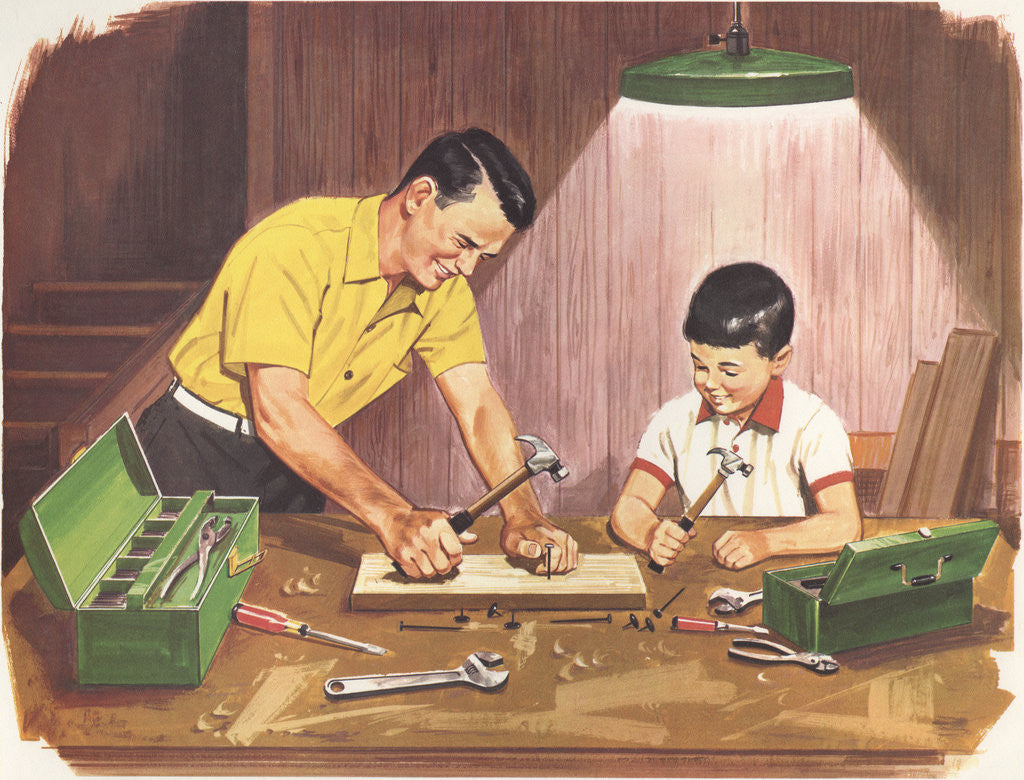 Detail of Illustration of Father Teaching Son to Handle Tools by Anonymous