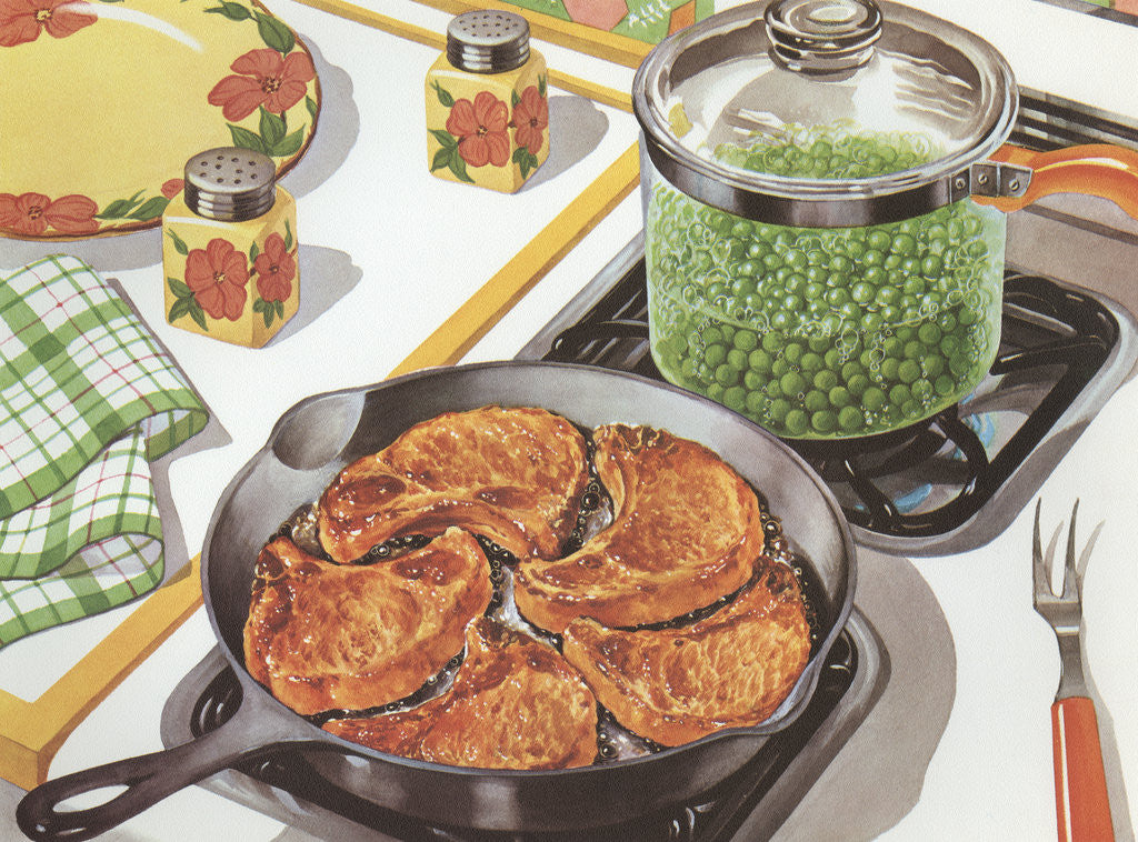 Detail of Illustration of Dinner Cooking on Stovetop by Anonymous