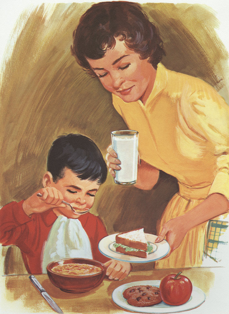Detail of Illustration of Mother Serving Lunch to Son by Corbis